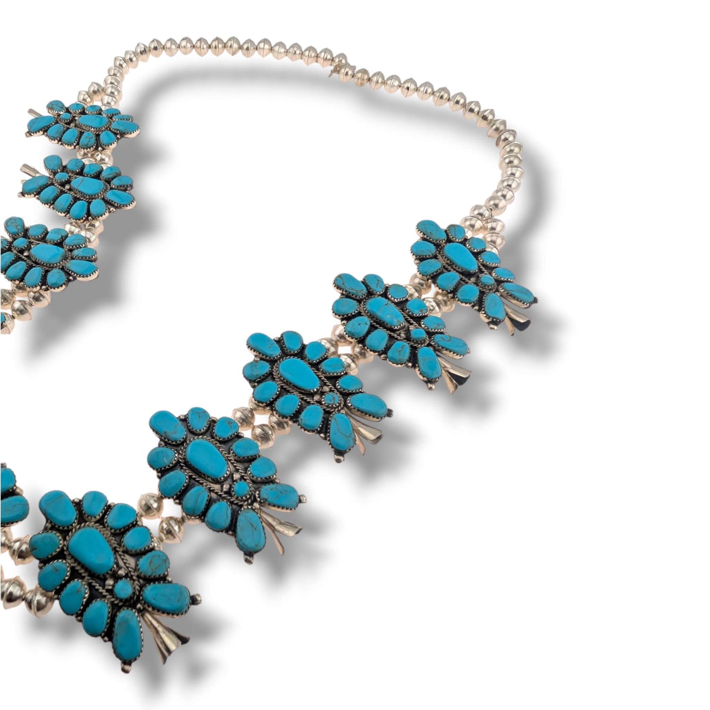 Navajo Sterling Silver Sleeping Beauty Turquoise Squash Blossom Necklace and Earring Set