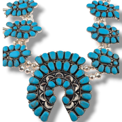 Navajo Sterling Silver Sleeping Beauty Turquoise Squash Blossom Necklace and Earring Set