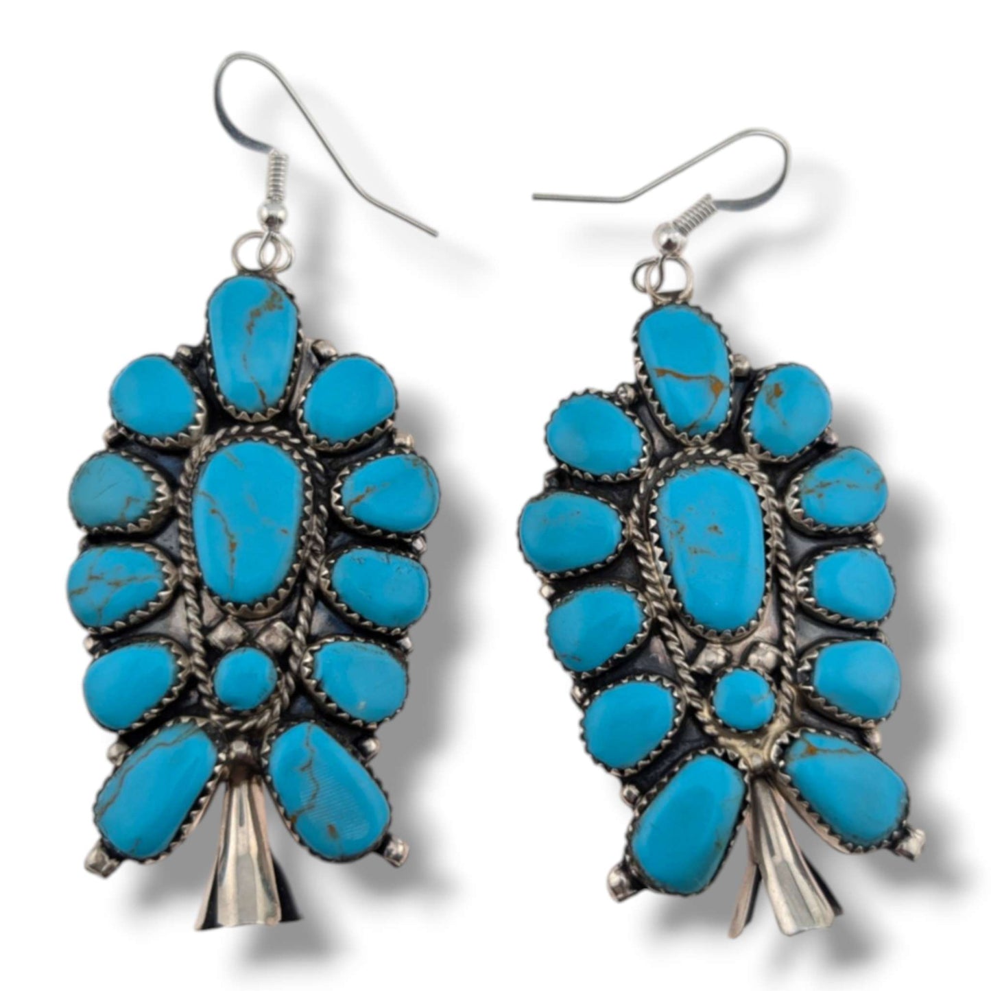 Navajo Sterling Silver Sleeping Beauty Turquoise Squash Blossom Necklace and Earring Set