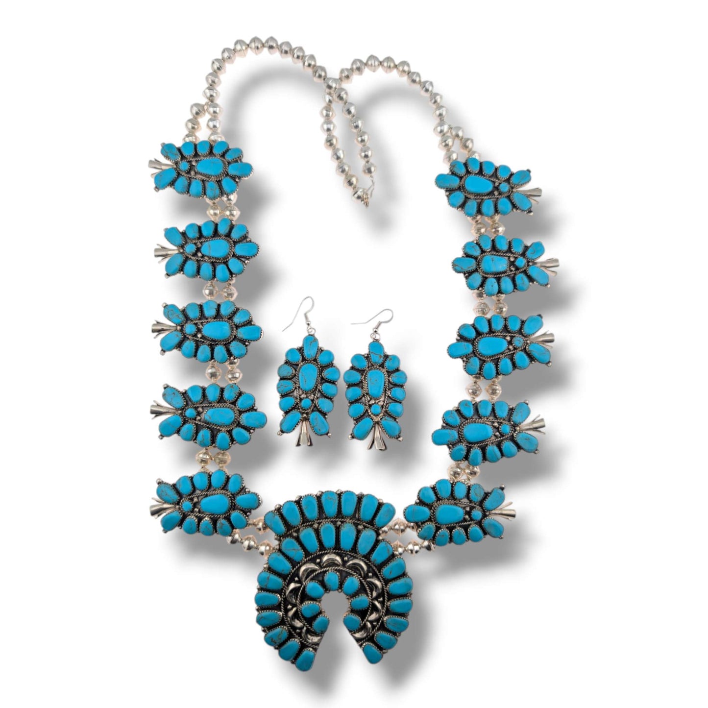 Navajo Sterling Silver Sleeping Beauty Turquoise Squash Blossom Necklace and Earring Set