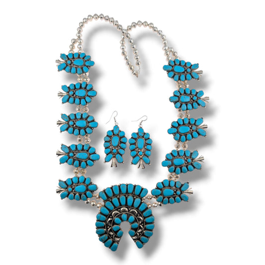 Navajo Sterling Silver Sleeping Beauty Turquoise Squash Blossom Necklace and Earring Set