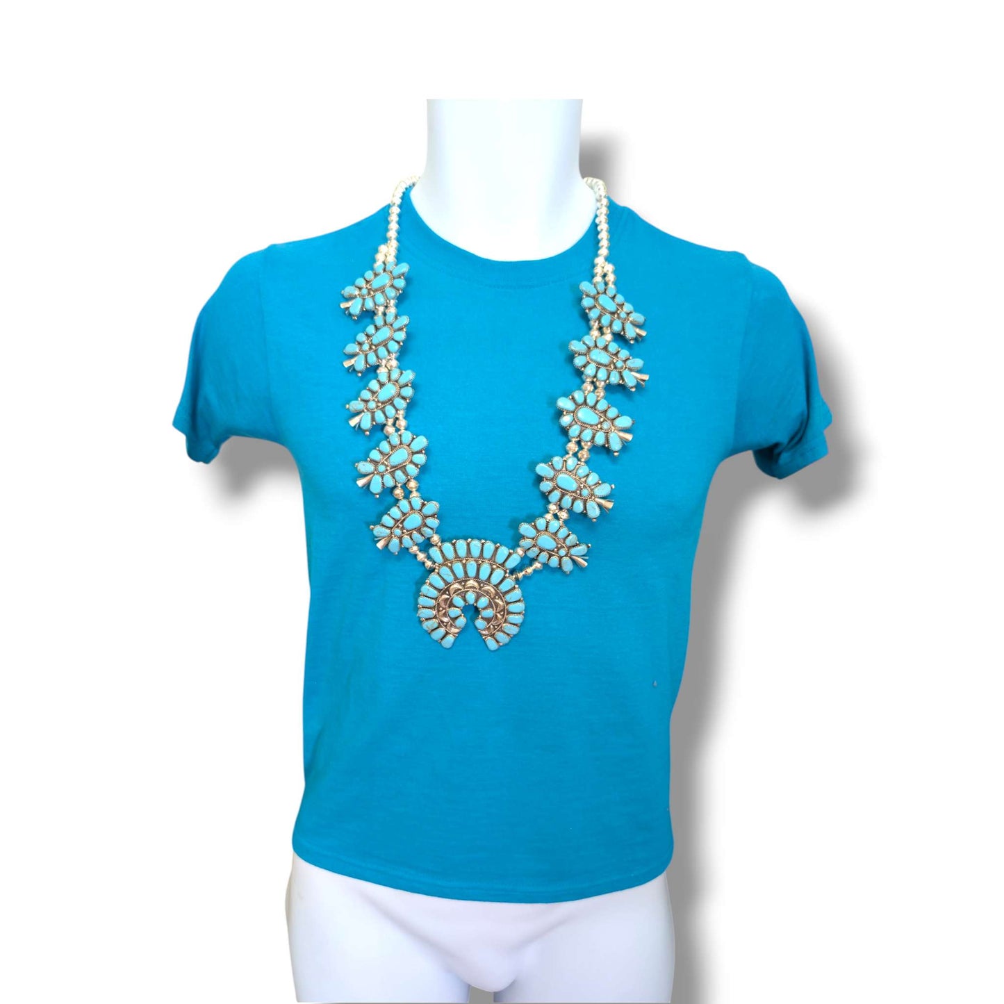 Navajo Sterling Silver Sleeping Beauty Turquoise Squash Blossom Necklace and Earring Set