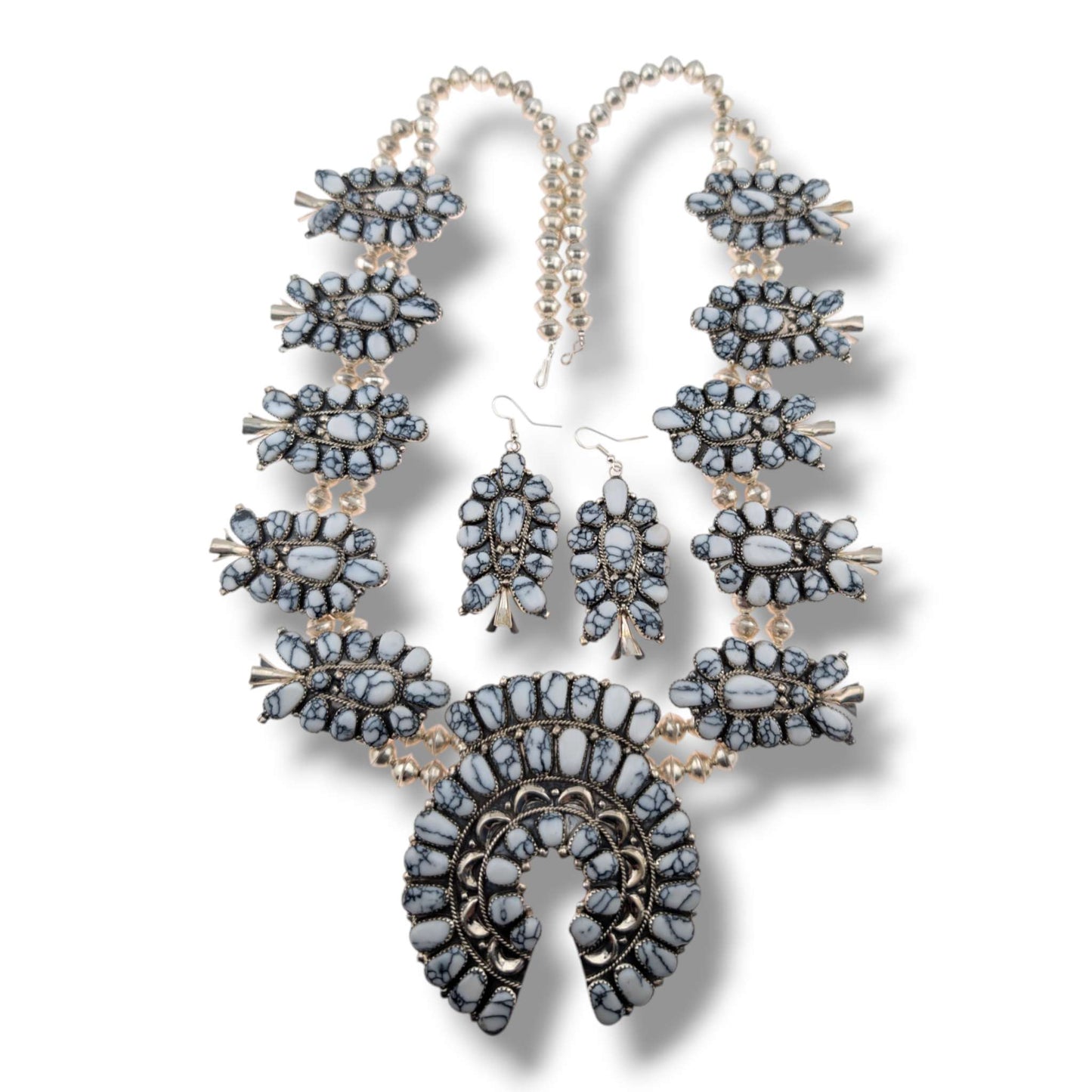 Navajo Sterling Silver White Buffalo Squash Blossom Necklace and Earring Set