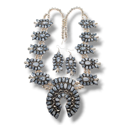 Navajo Sterling Silver White Buffalo Squash Blossom Necklace and Earring Set