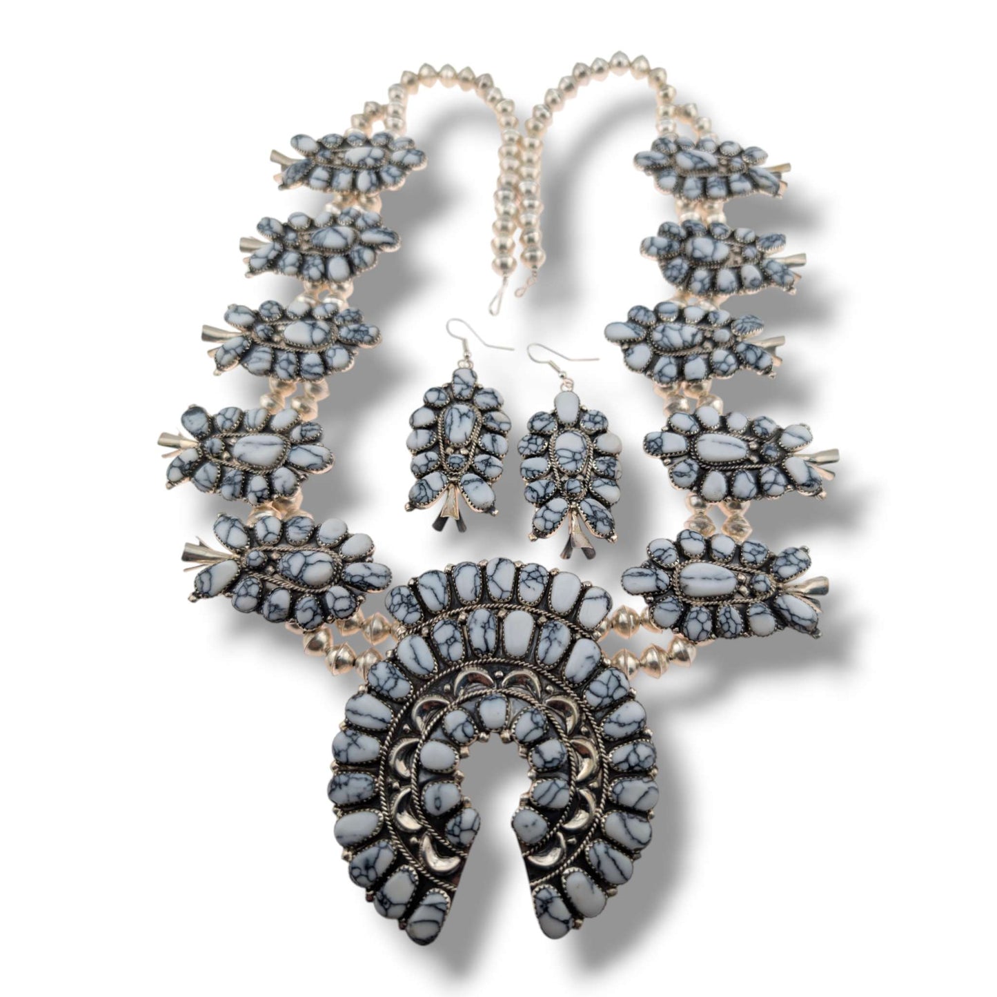 Navajo Sterling Silver White Buffalo Squash Blossom Necklace and Earring Set