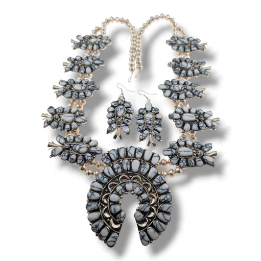 Navajo Sterling Silver White Buffalo Squash Blossom Necklace and Earring Set