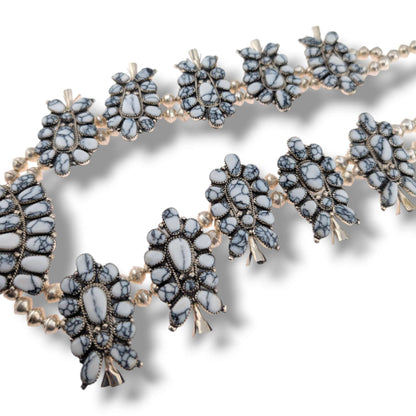 Navajo Sterling Silver White Buffalo Squash Blossom Necklace and Earring Set