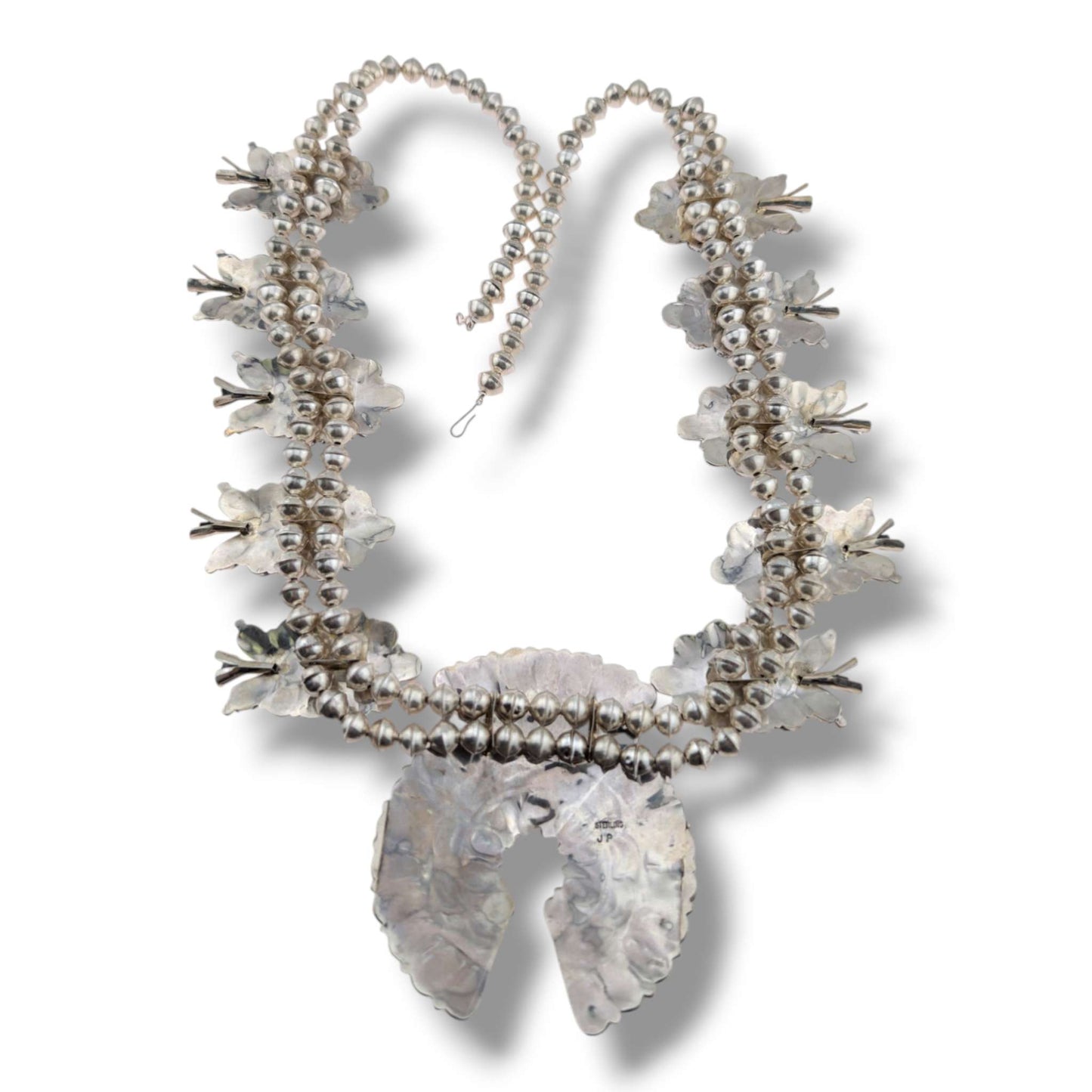 Navajo Sterling Silver White Buffalo Squash Blossom Necklace and Earring Set