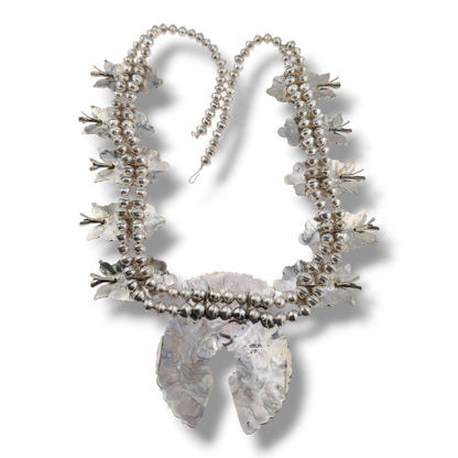 Navajo Sterling Silver White Buffalo Squash Blossom Necklace and Earring Set