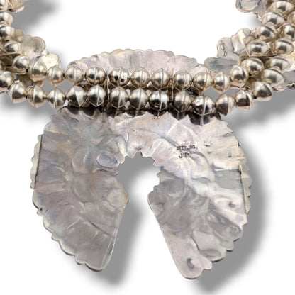 Navajo Sterling Silver White Buffalo Squash Blossom Necklace and Earring Set