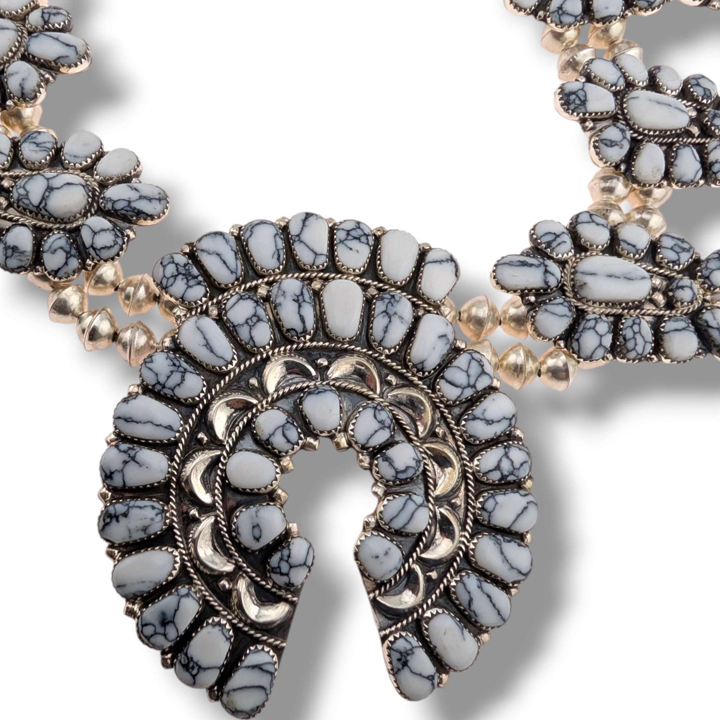Navajo Sterling Silver White Buffalo Squash Blossom Necklace and Earring Set