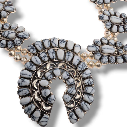 Navajo Sterling Silver White Buffalo Squash Blossom Necklace and Earring Set