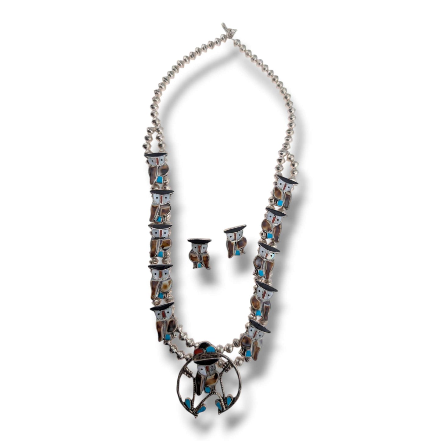 Vintage Zuni Pitkin Natewa Inlay Owl Squash Blossom Necklace and Earring Set