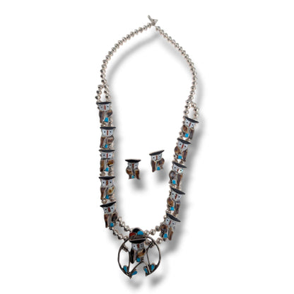 Vintage Zuni Pitkin Natewa Inlay Owl Squash Blossom Necklace and Earring Set