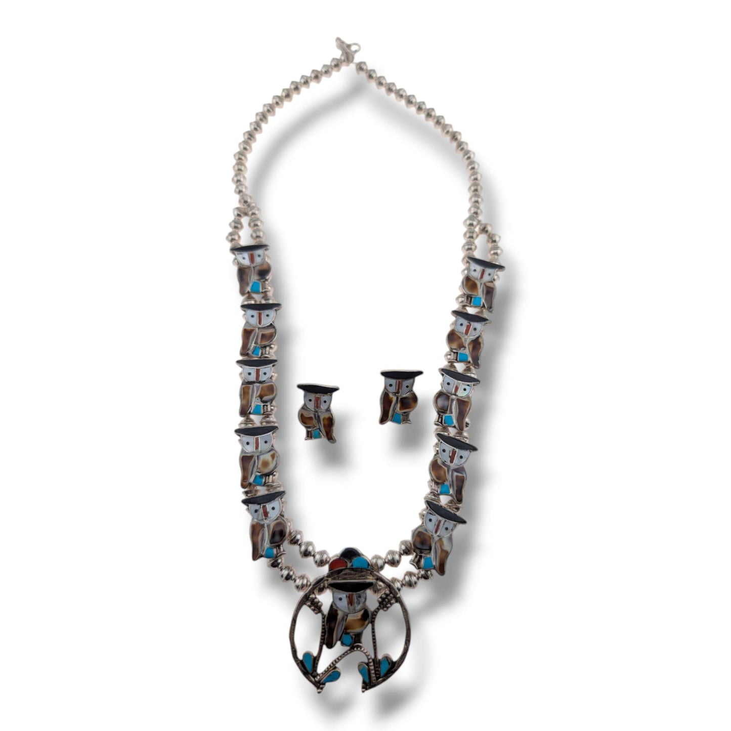 Vintage Zuni Pitkin Natewa Inlay Owl Squash Blossom Necklace and Earring Set