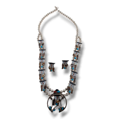 Vintage Zuni Pitkin Natewa Inlay Owl Squash Blossom Necklace and Earring Set