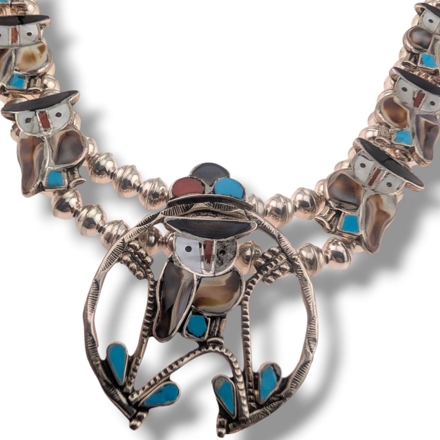 Vintage Zuni Pitkin Natewa Inlay Owl Squash Blossom Necklace and Earring Set