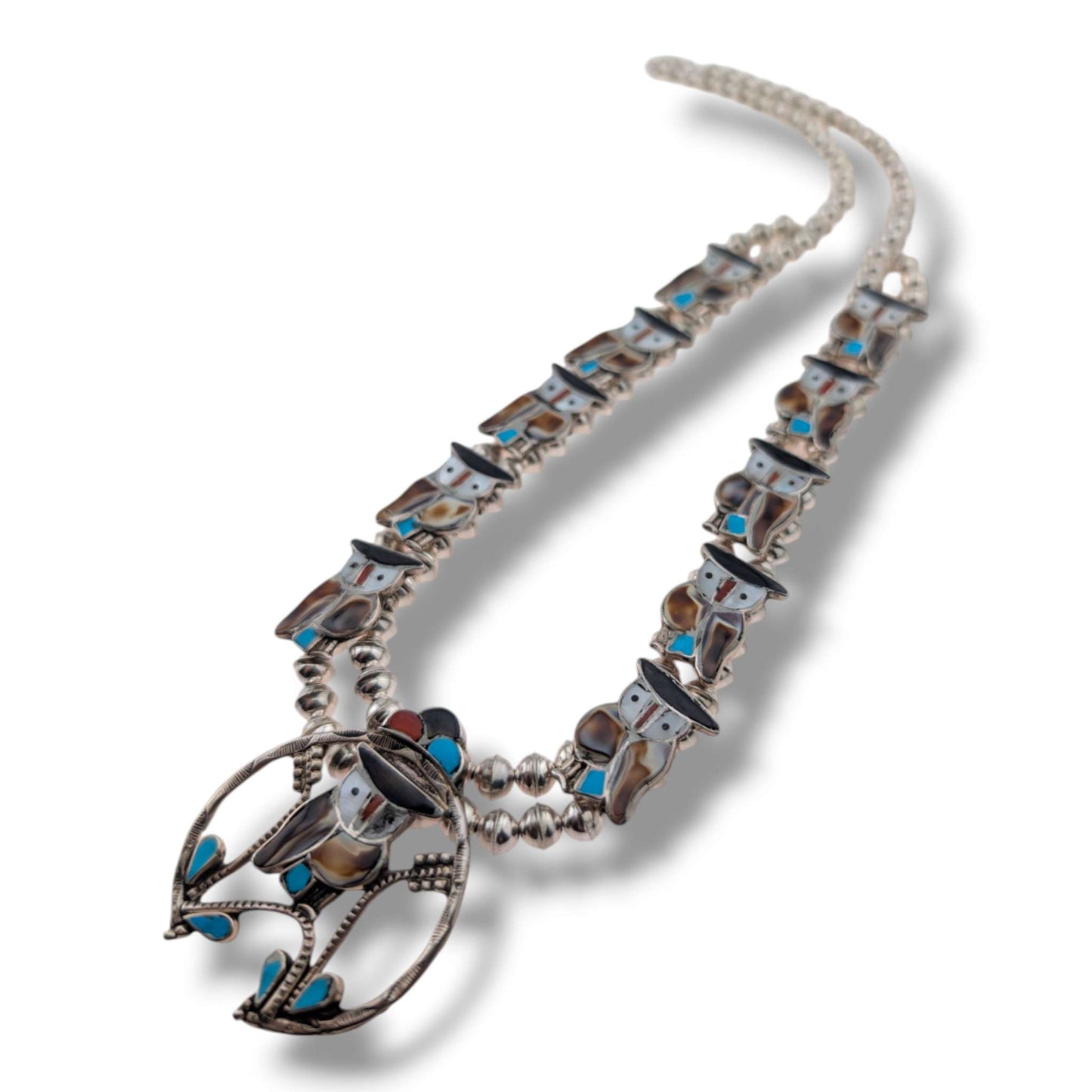 Vintage Zuni Pitkin Natewa Inlay Owl Squash Blossom Necklace and Earring Set