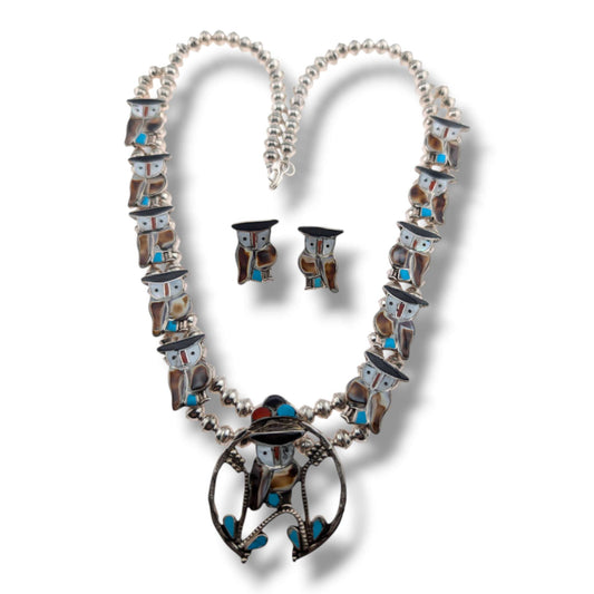 Vintage Zuni Pitkin Natewa Inlay Owl Squash Blossom Necklace and Earring Set