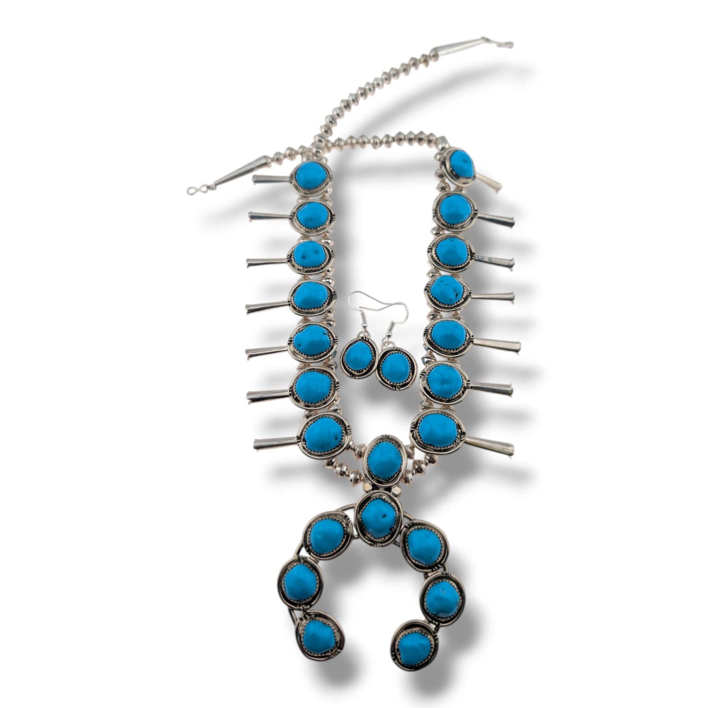 Navajo Sterling Silver Turquoise Nugget Squash Blossom Necklace and Earring Set