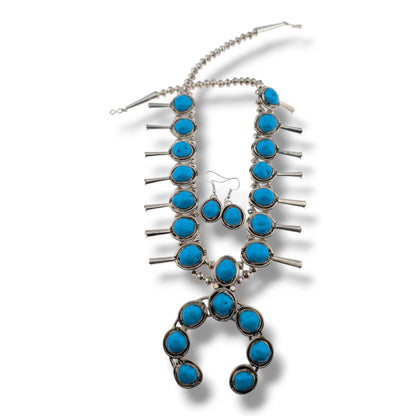 Navajo Sterling Silver Turquoise Nugget Squash Blossom Necklace and Earring Set