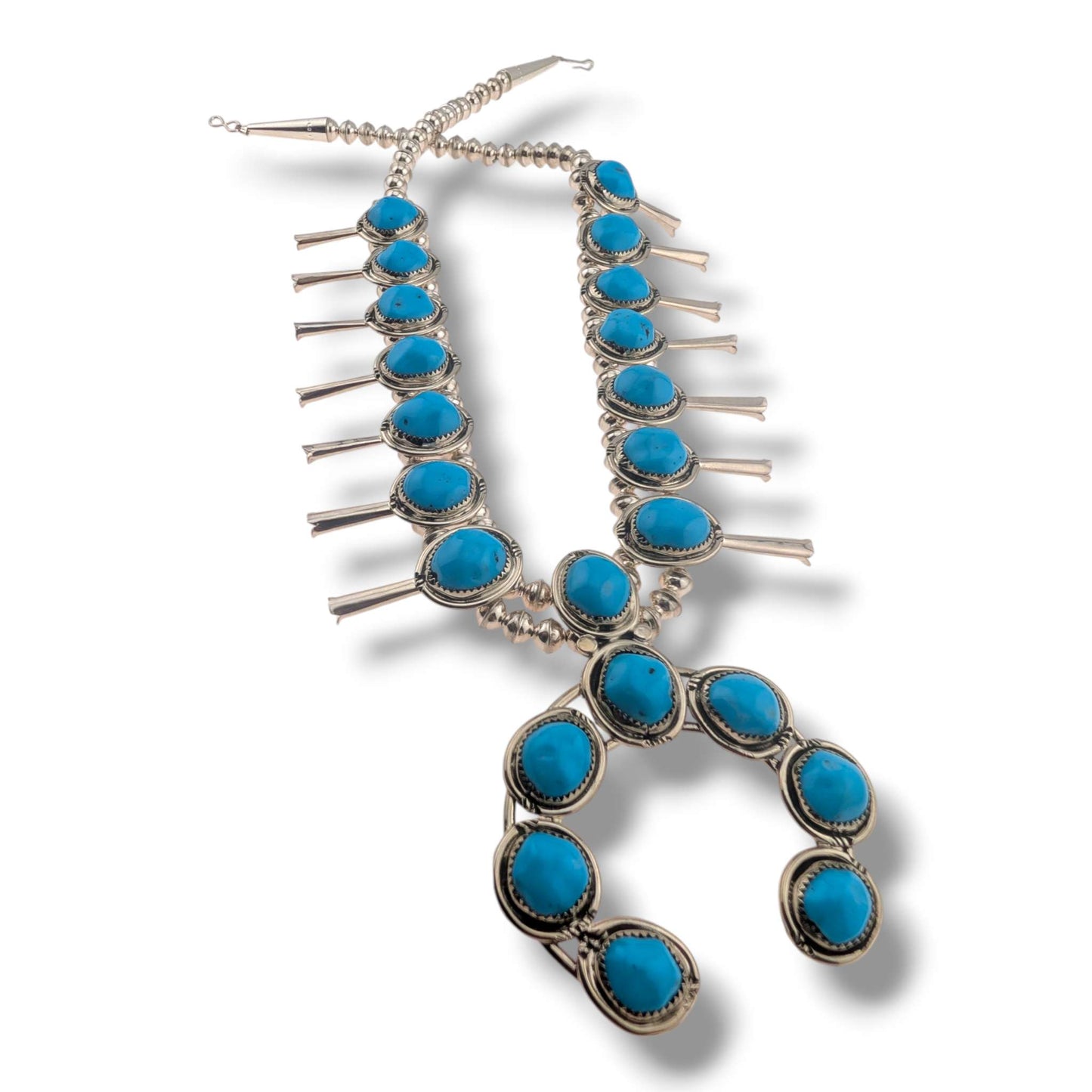 Navajo Sterling Silver Turquoise Nugget Squash Blossom Necklace and Earring Set