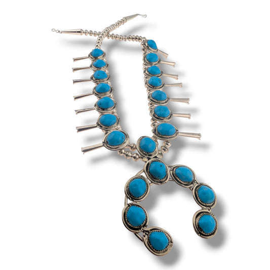 Navajo Sterling Silver Turquoise Nugget Squash Blossom Necklace and Earring Set