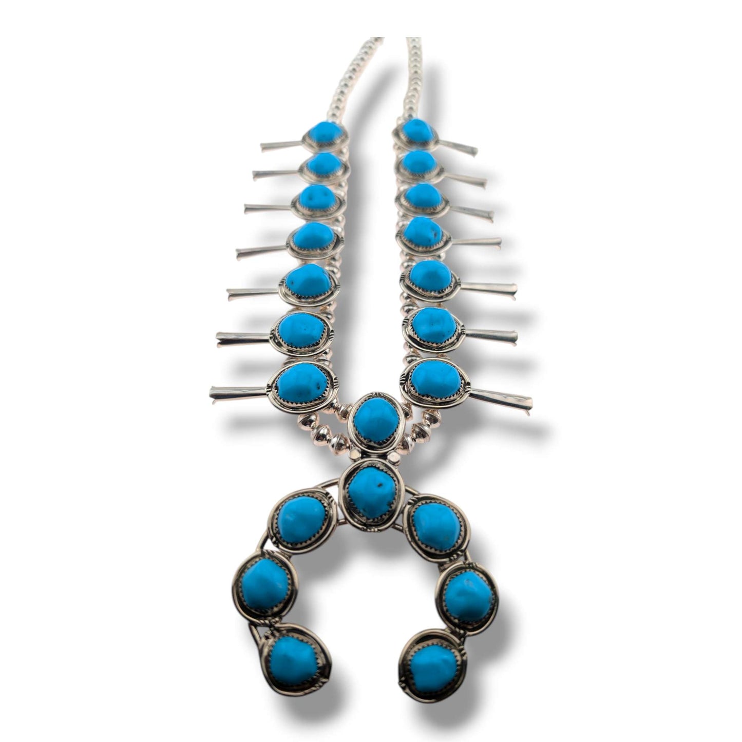 Navajo Sterling Silver Turquoise Nugget Squash Blossom Necklace and Earring Set