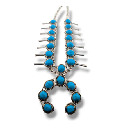 Navajo Sterling Silver Turquoise Nugget Squash Blossom Necklace and Earring Set