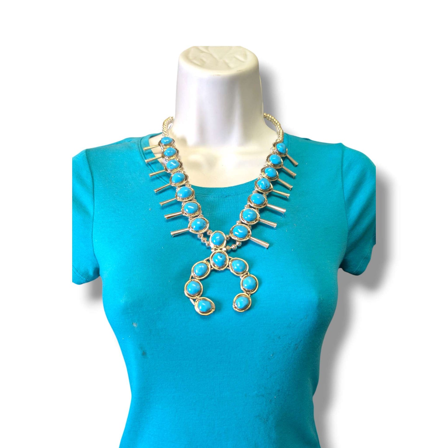 Navajo Sterling Silver Turquoise Nugget Squash Blossom Necklace and Earring Set
