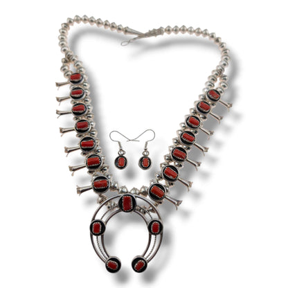 Navajo Sterling Silver Red Coral Squash Blossom Necklace and Earring Set
