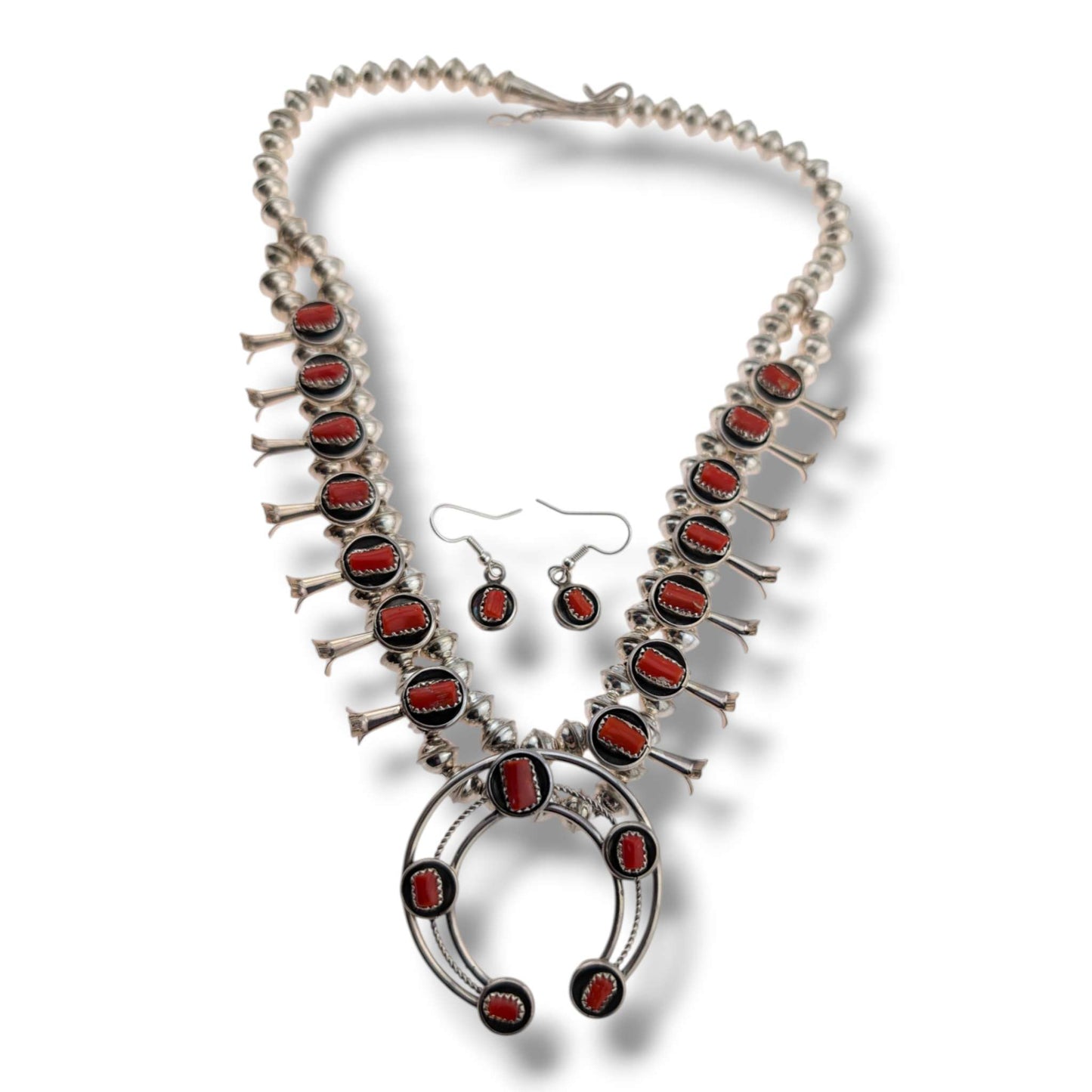 Navajo Sterling Silver Red Coral Squash Blossom Necklace and Earring Set