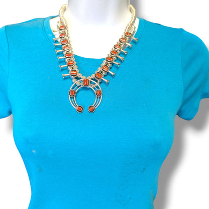 Navajo Sterling Silver Red Coral Squash Blossom Necklace and Earring Set