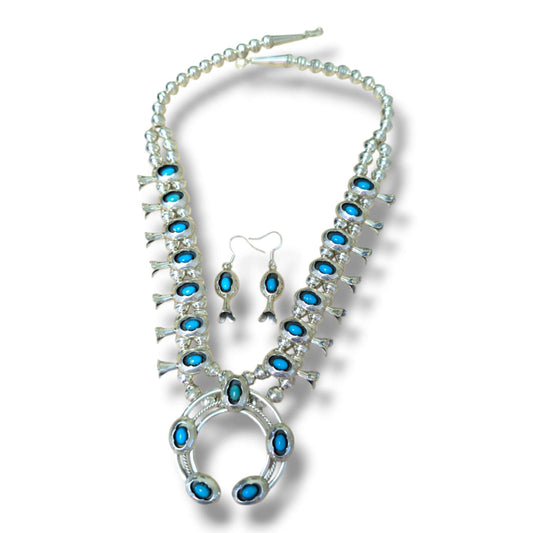 Navajo Sterling Silver Turquoise Squash Blossom Necklace and Earring Set