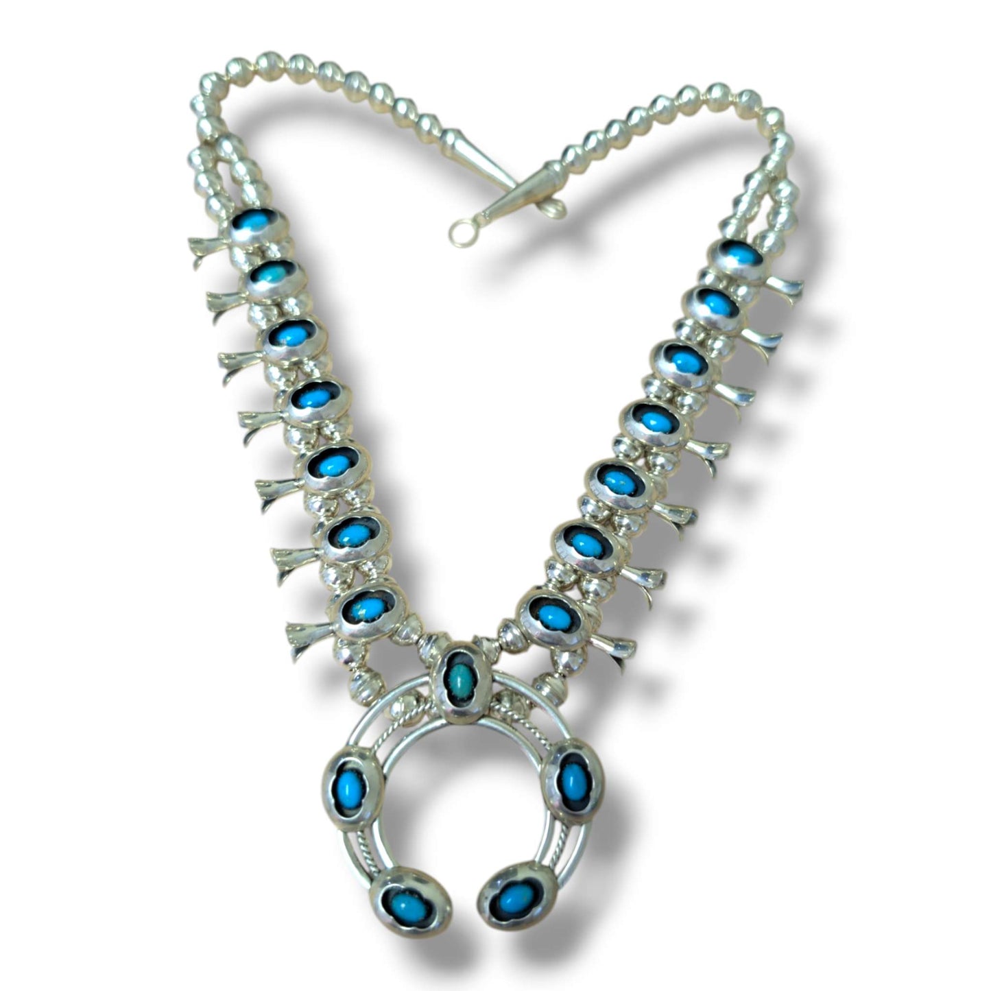 Navajo Sterling Silver Turquoise Squash Blossom Necklace and Earring Set