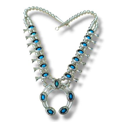 Navajo Sterling Silver Turquoise Squash Blossom Necklace and Earring Set