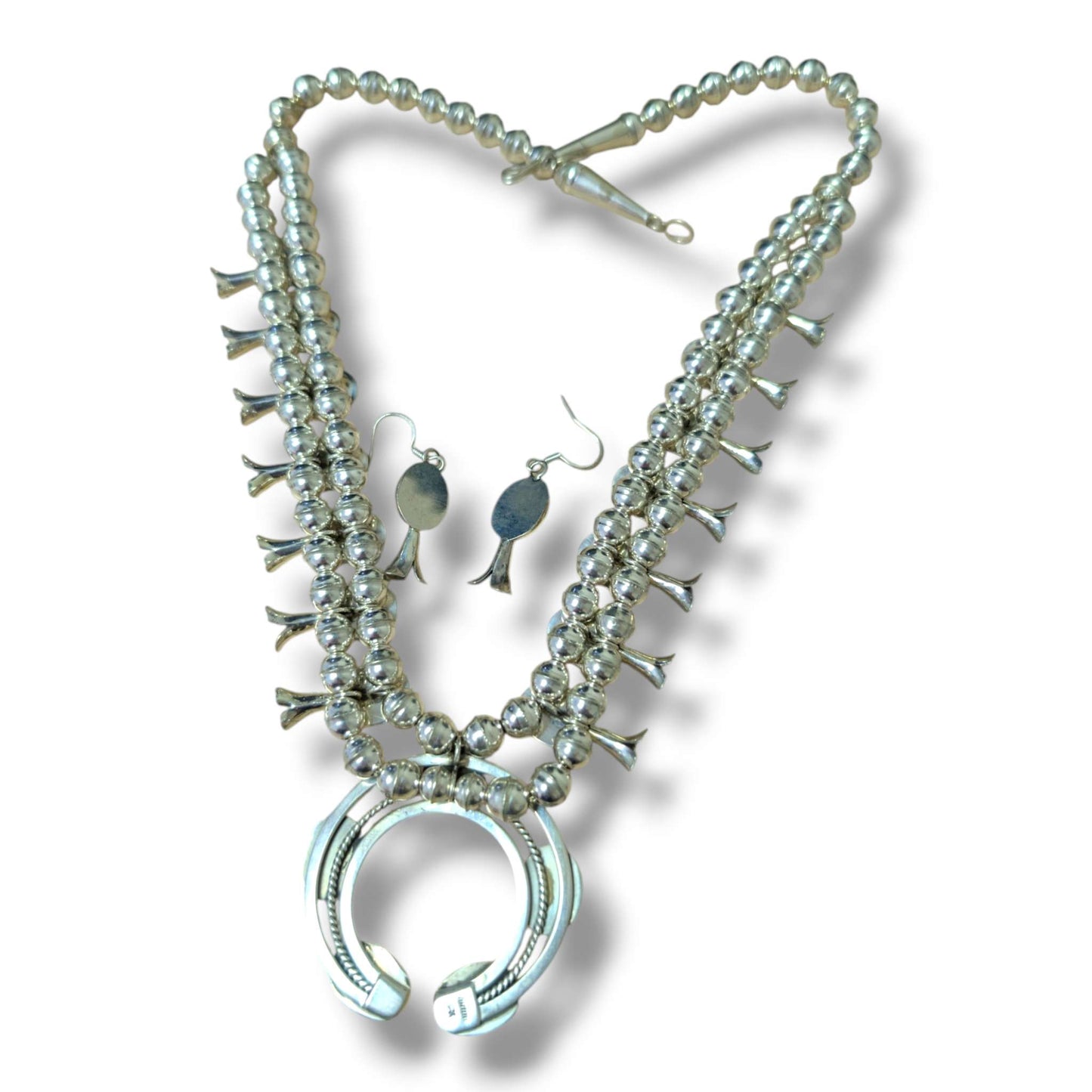 Navajo Sterling Silver Turquoise Squash Blossom Necklace and Earring Set