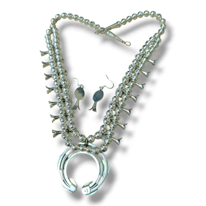 Navajo Sterling Silver Turquoise Squash Blossom Necklace and Earring Set