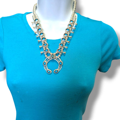 Navajo Sterling Silver Turquoise Squash Blossom Necklace and Earring Set