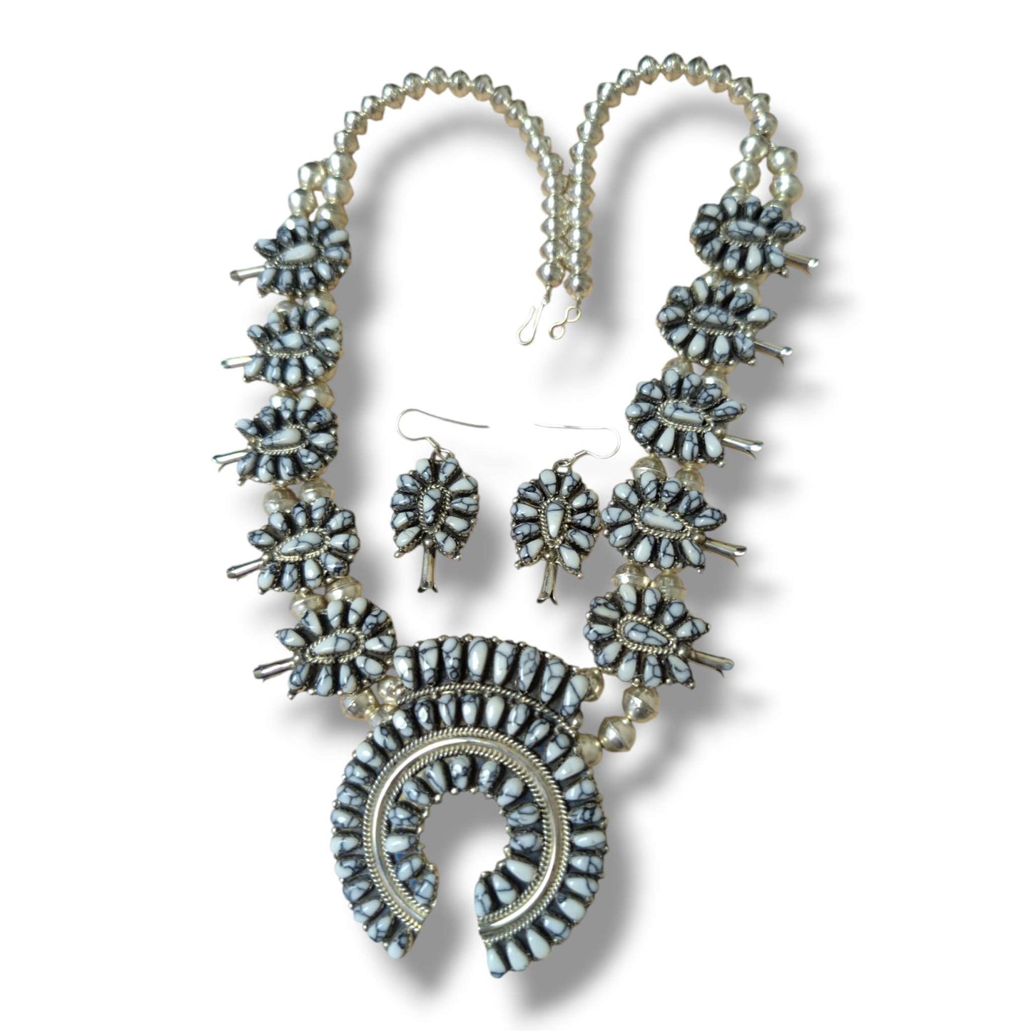 Navajo Sterling Silver White Buffalo Stone Squash Blossom Necklace and Earring Set