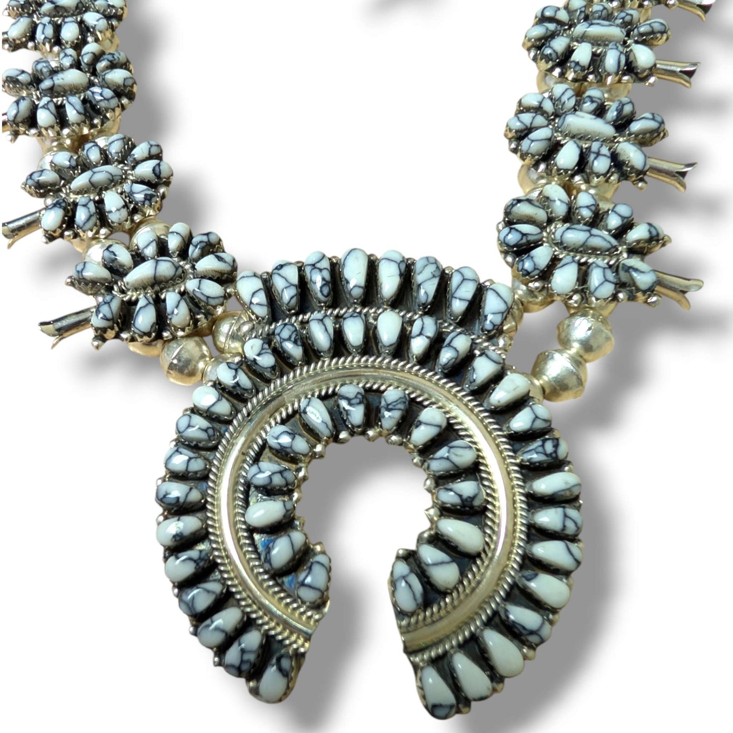 Navajo Sterling Silver White Buffalo Stone Squash Blossom Necklace and Earring Set