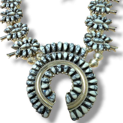 Navajo Sterling Silver White Buffalo Stone Squash Blossom Necklace and Earring Set