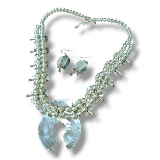 Navajo Sterling Silver White Buffalo Stone Squash Blossom Necklace and Earring Set