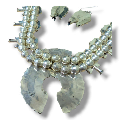 Navajo Sterling Silver White Buffalo Stone Squash Blossom Necklace and Earring Set