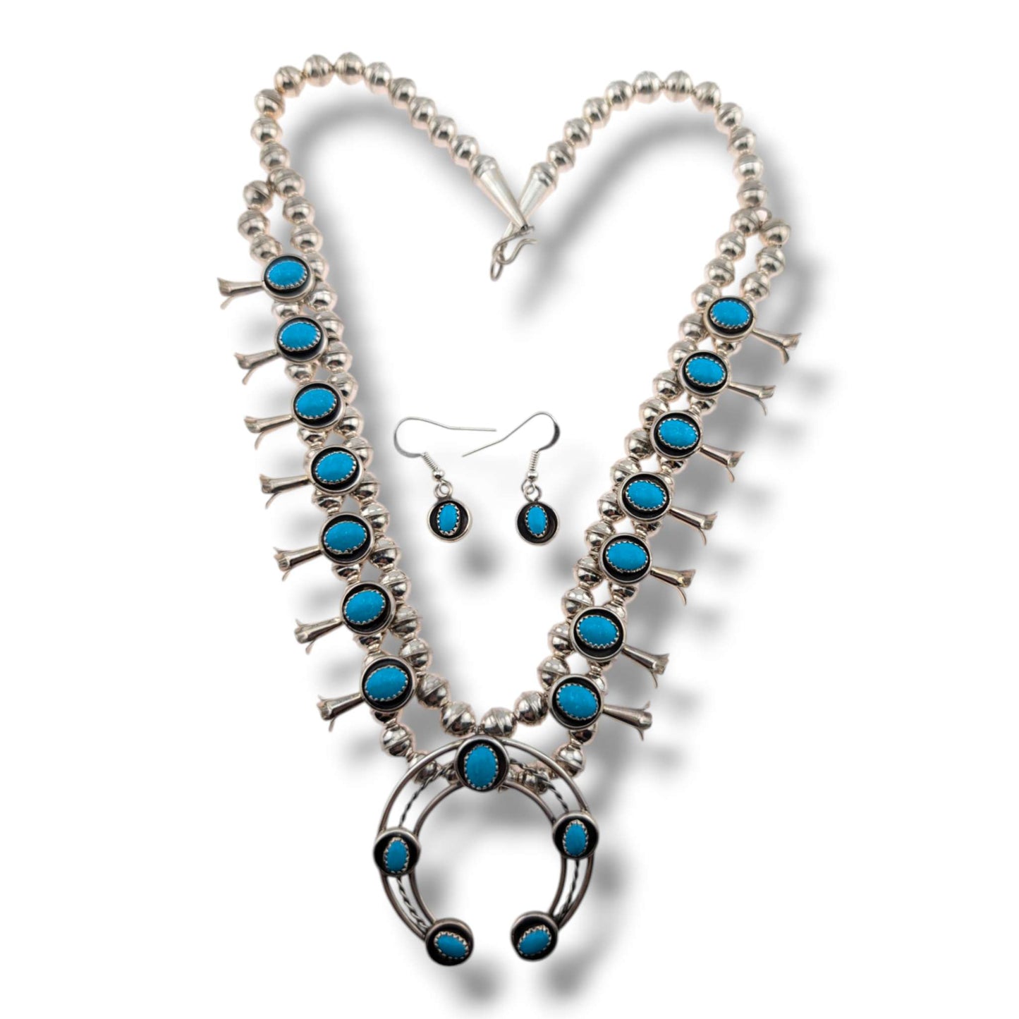 Navajo Sterling Silver Turquoise Squash Blossom Necklace and Earring Set by Phil Garcia