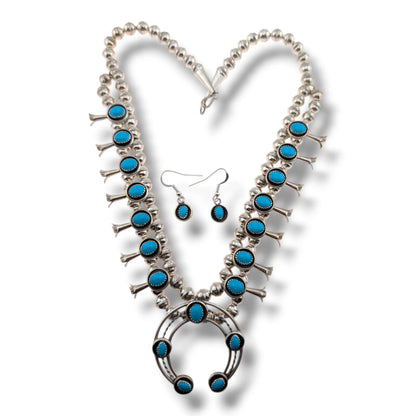 Navajo Sterling Silver Turquoise Squash Blossom Necklace and Earring Set by Phil Garcia