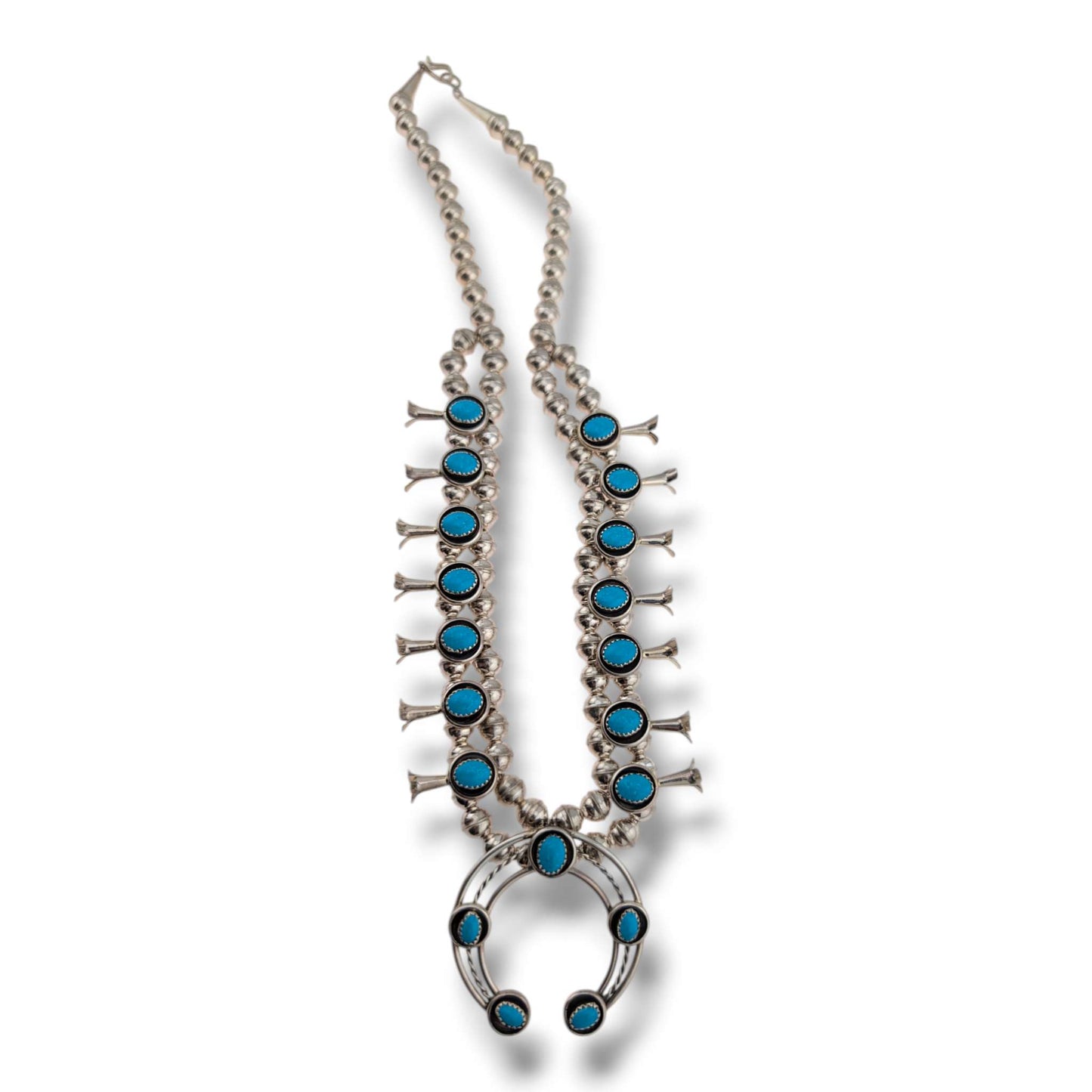 Navajo Sterling Silver Turquoise Squash Blossom Necklace and Earring Set by Phil Garcia