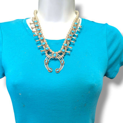 Navajo Sterling Silver Turquoise Squash Blossom Necklace and Earring Set by Phil Garcia