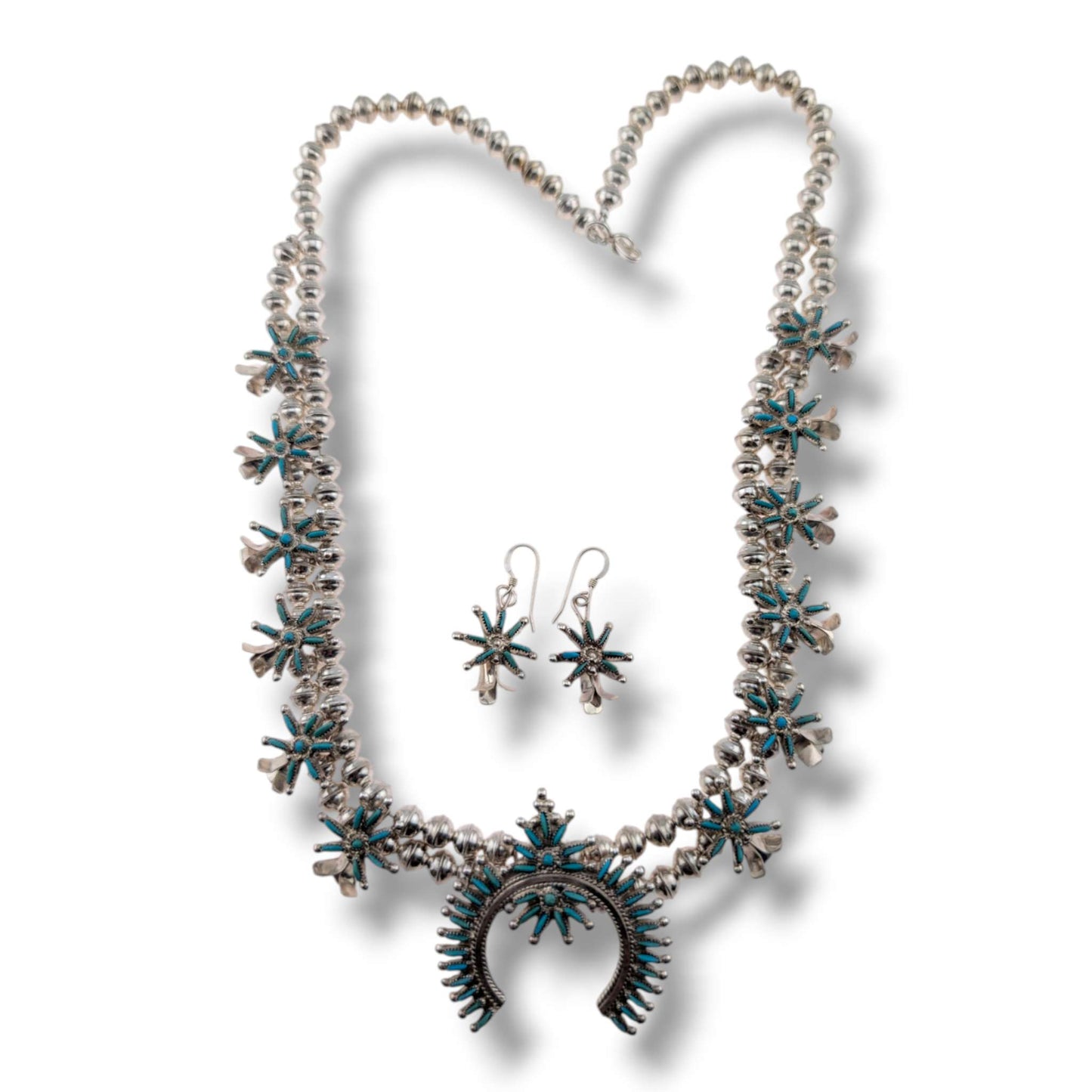 Zuni Sterling Silver Needlepoint Turquoise Squash Blossom Necklace and Earring Set