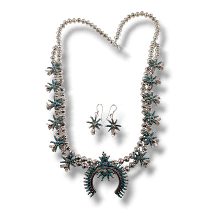 Zuni Sterling Silver Needlepoint Turquoise Squash Blossom Necklace and Earring Set